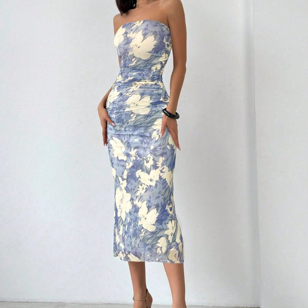 Baby Blue Elegant Women's Romantic Strapless Fitted Dress - Picture 5 of 6